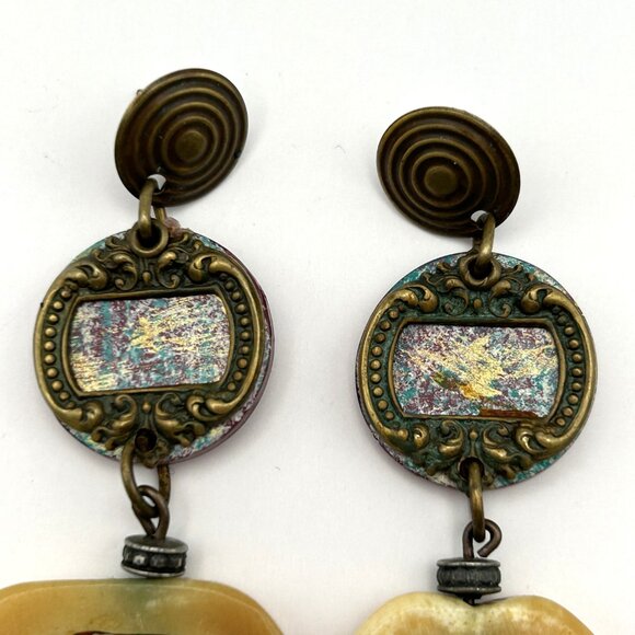Vintage Boho Artisan Statement Earring Bundle Brass Tone Dangles Hoop - Picture 10 of 16